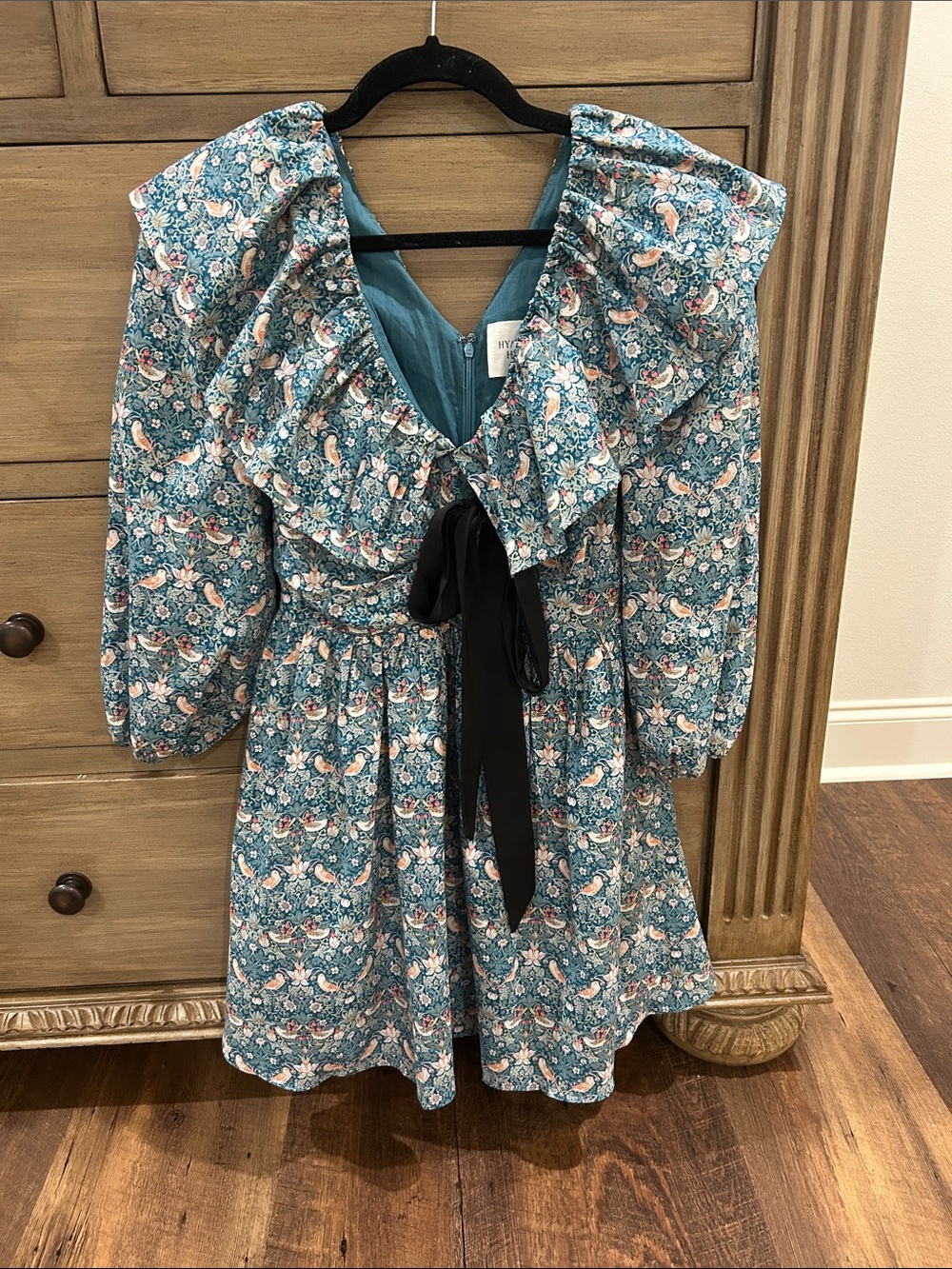 Women’s Hyacinth House Teal Floral Ruffle Dress with Black Bow XS
